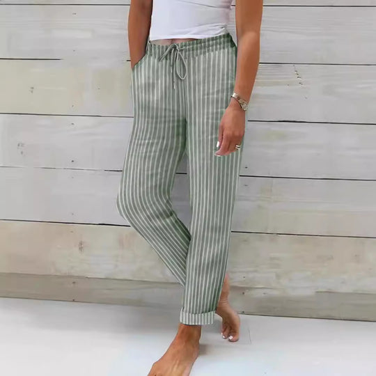 Damen entspannte Baumwoll-Streifenhose mit verstellbarem Bund R&B