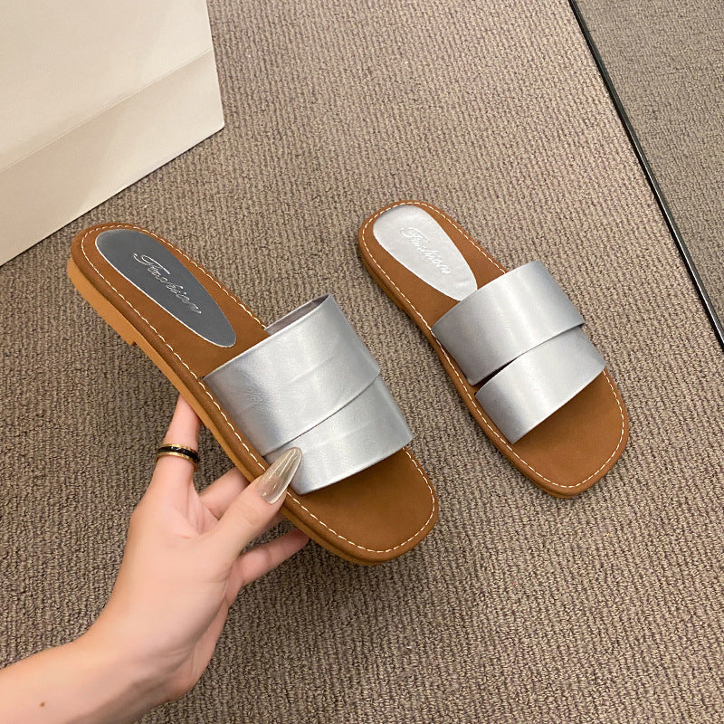 Damen modische Slide-Pantoletten mit breitem Riemen und weichem Fußbett EB