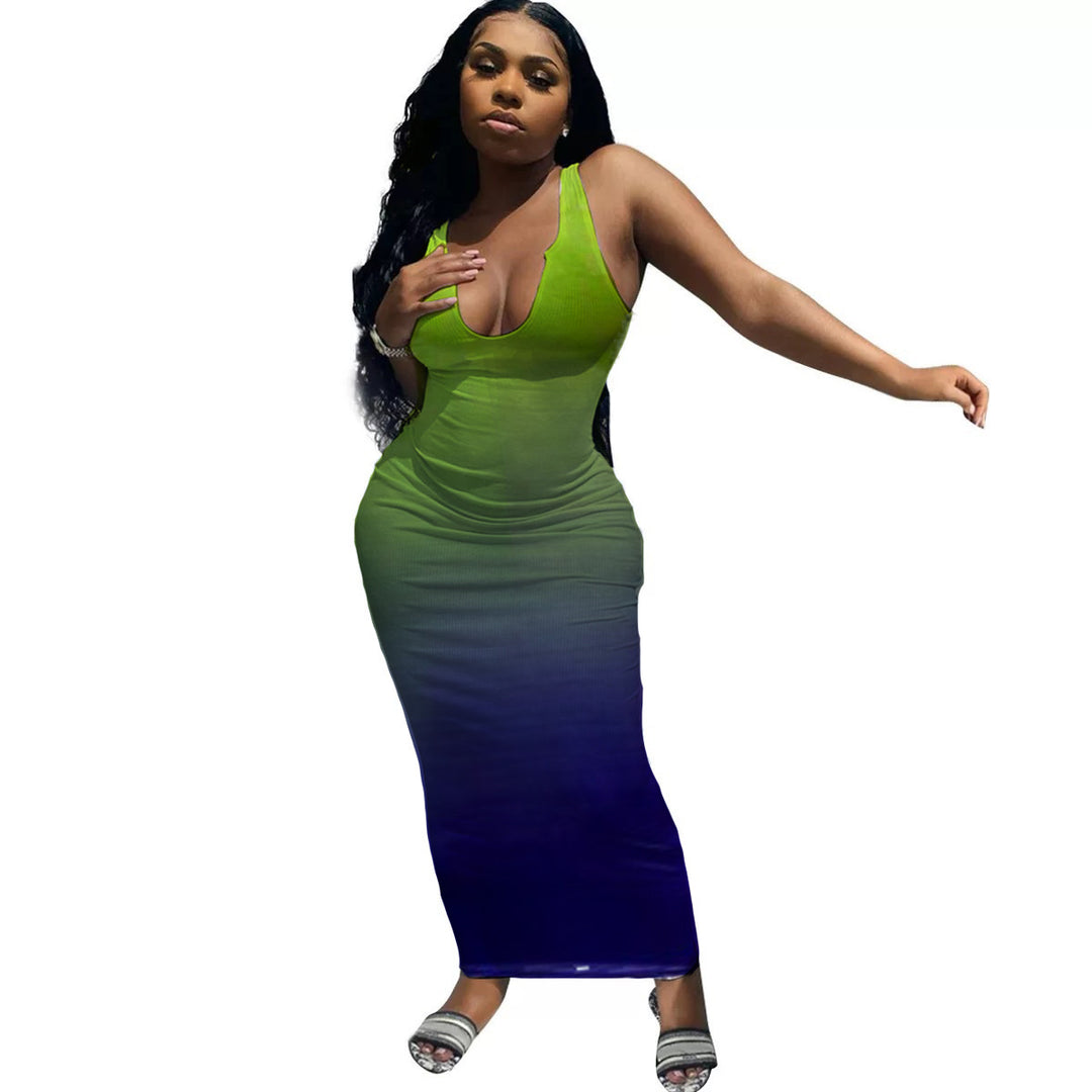 Damen Langes Bodycon Kleid mit tiefem Ausschnitt und Farbverlauf R&B
