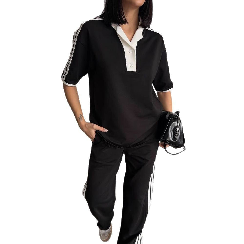 Damen sportliches Polo-Set mit kurzen Ärmeln und seitlichen Streifen R&B