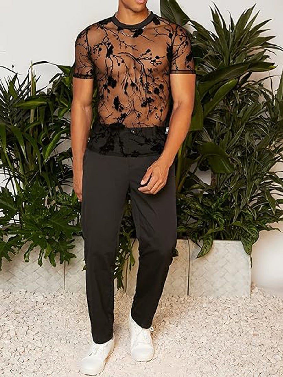 Herren Netz-T-Shirt mit floralem Design und elastischen Abschlüssen R&B