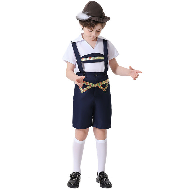 Unisex nan festliche Kinderhose mit verstellbaren Hosenträgern und Ziergürtel R&B