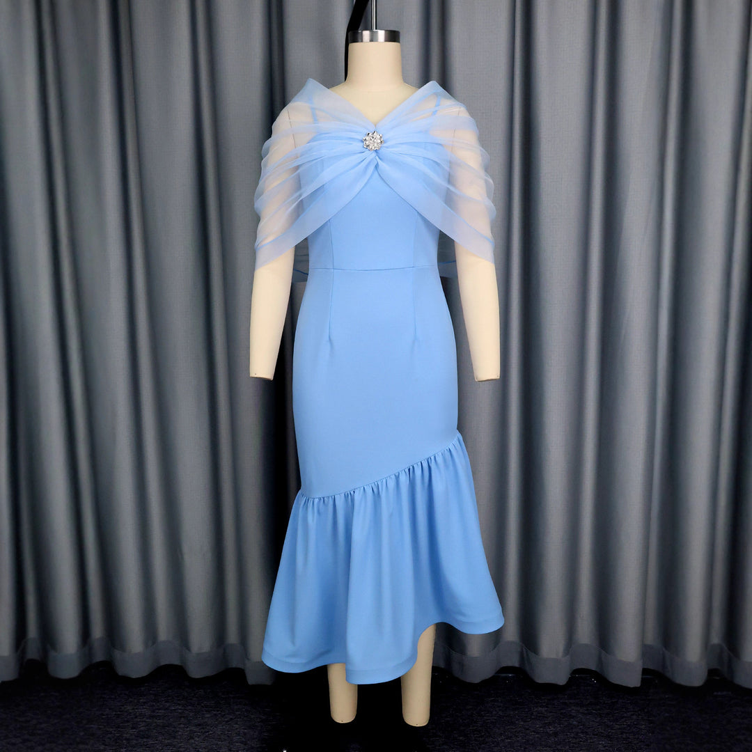 Damen elegantes Midikleid mit transparentem Chiffon-Cape und Floral-Applikation R&B