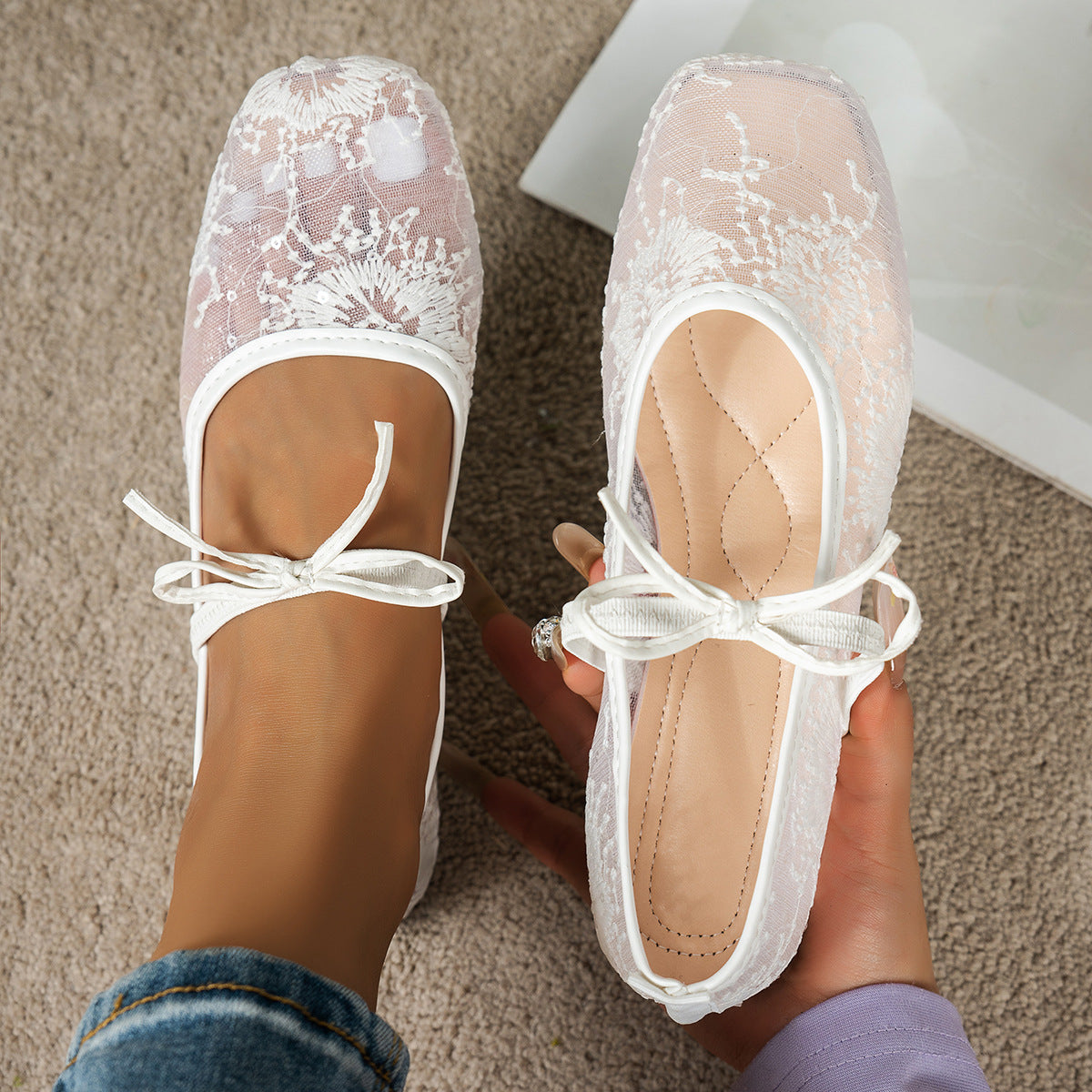 Damen elegante Ballerinas mit zartem Spitzenoberteil R&B