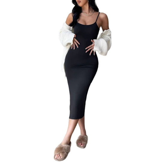 Damen figurbetontes Maxi-Kleid mit schmalen Spaghettiträgern und seitlichem Schlitz R&B