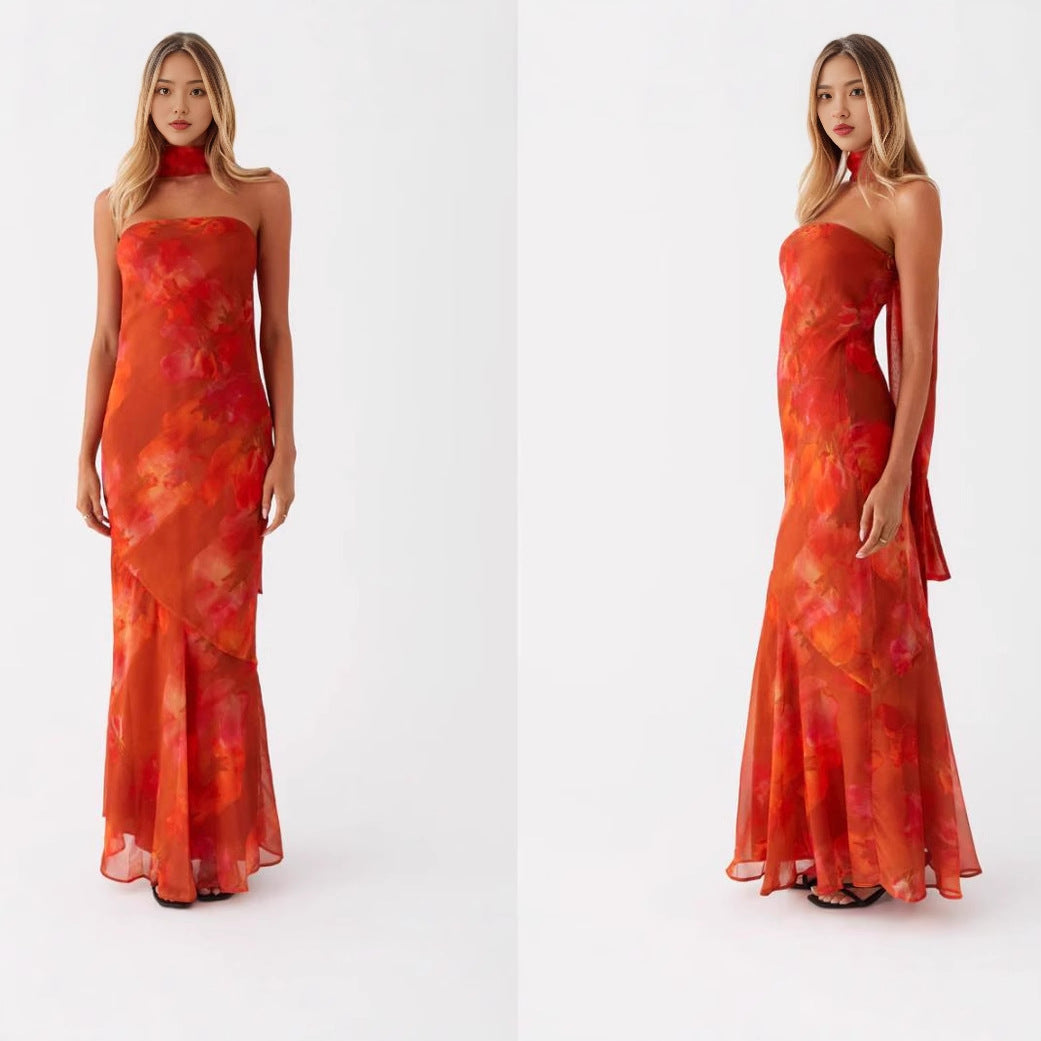 Damen Elegantes Langarm Abendkleid im Blumendesign R&B