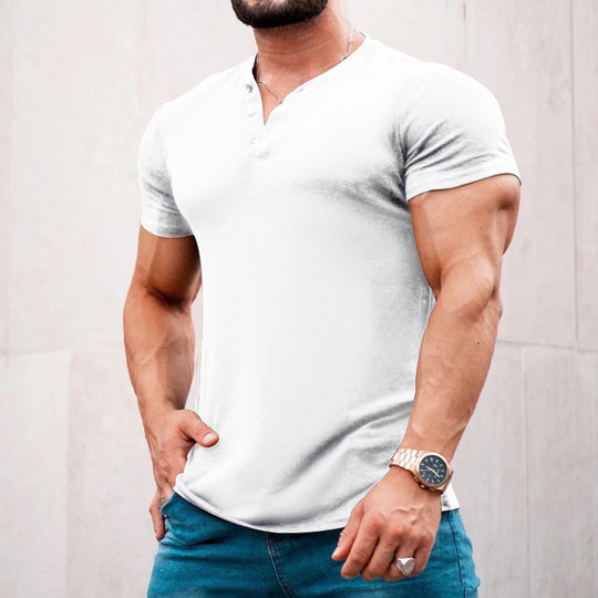 Herren Kurzarm-Henley-T-Shirt aus atmungsaktiver Baumwolle mit dekorativer Knopfleiste R&B