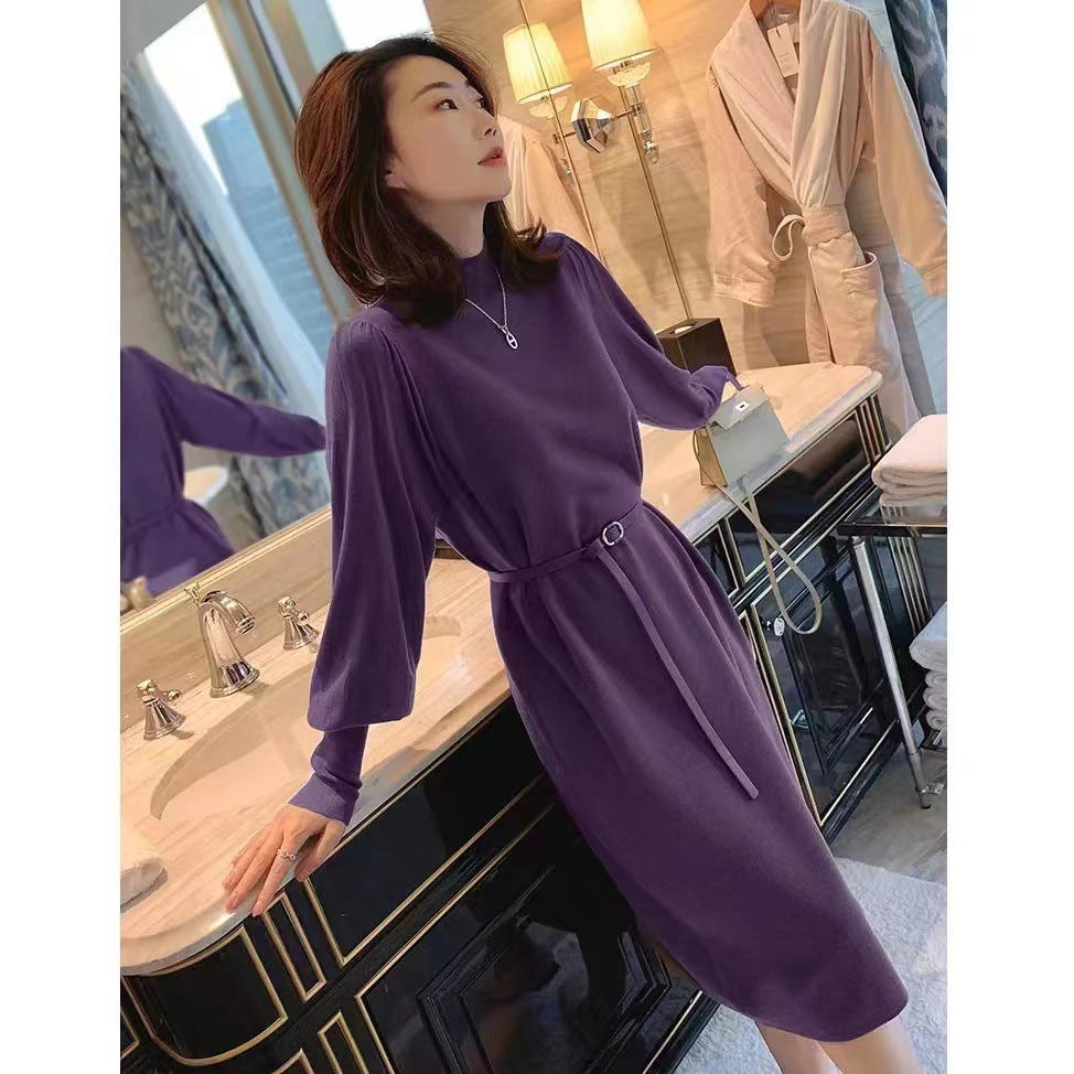 Damen Elegantes Knielanges Kleid mit Gürtel und Langarm R&B