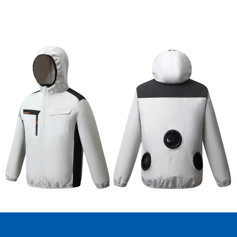 Herren nan belüftete Kühljacke mit mehreren integrierten USB-Lüftern, verstellbarer Kapuze und winddichtem Material R&B