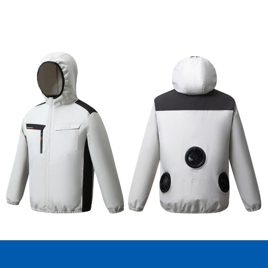 Herren nan belüftete Kühljacke mit mehreren integrierten USB-Lüftern, verstellbarer Kapuze und winddichtem Material R&B