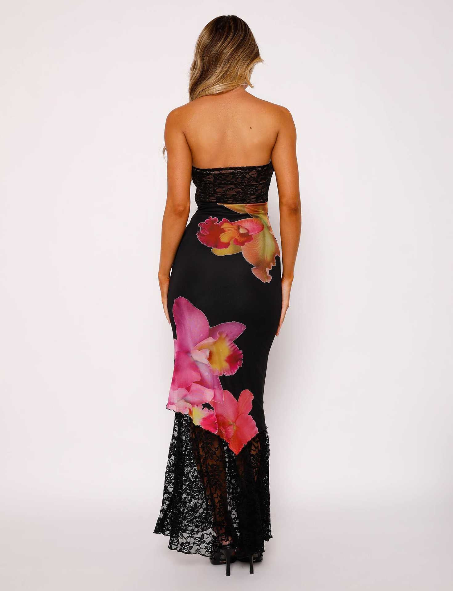 Damen Off-Shoulder Spitzenkleid mit Floral-Akzenten und transparentem Unterstoff R&B