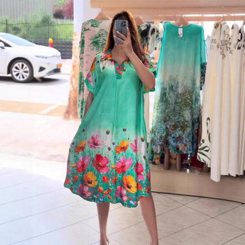 Damen nan leichtes Hemdblusenkleid mit floralem Bordürenprint, offenem V‑Ausschnitt und Einschubtaschen R&B
