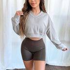 Damen nan zweiteiliges Cropped-Sweatshirt-Set mit V-Ausschnitt und stützenden Highwaist-Biker-Shorts R&B
