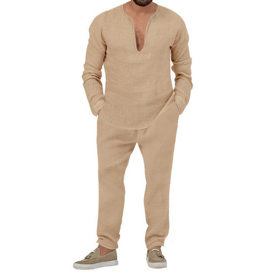 Herren lässiges Leinen-Outfit mit tiefem V-Ausschnitt und elastischem Bund R&B