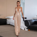 Damen Glitzernder Jumpsuit mit tiefem V-Ausschnitt und weitem Beinschnitt R&B