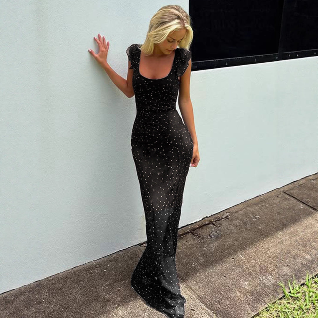 Damen Maxikleid mit feinem Punktmuster und Spaghettiträgern R&B