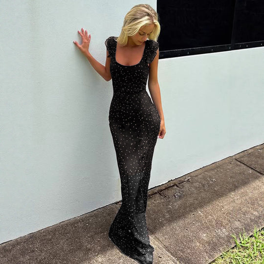 Damen Maxikleid mit feinem Punktmuster und Spaghettiträgern R&B