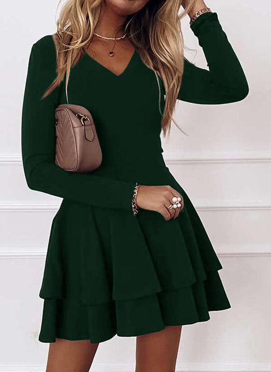Damen V-Ausschnitt Kleid mit voluminösem Stufenrock R&B