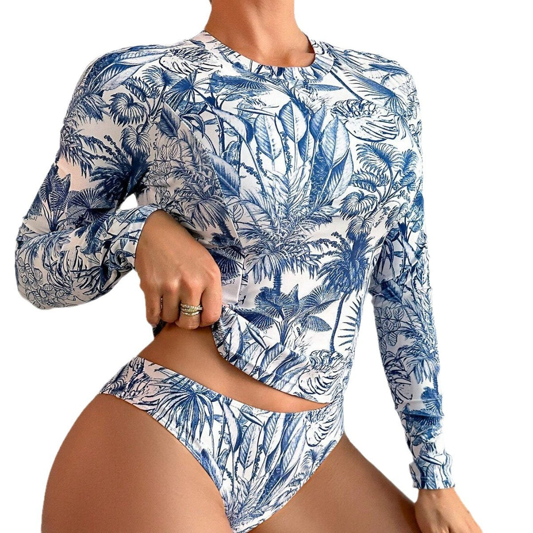 Damen Sportliches Langarm-Bikini-Set mit floralem Design R&B