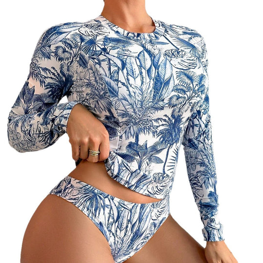 Damen Sportliches Langarm-Bikini-Set mit floralem Design R&B