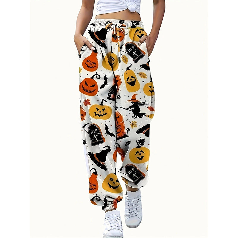 Damen lässige Halloween-Jogginghose mit elastischem Bund und buntem Druck