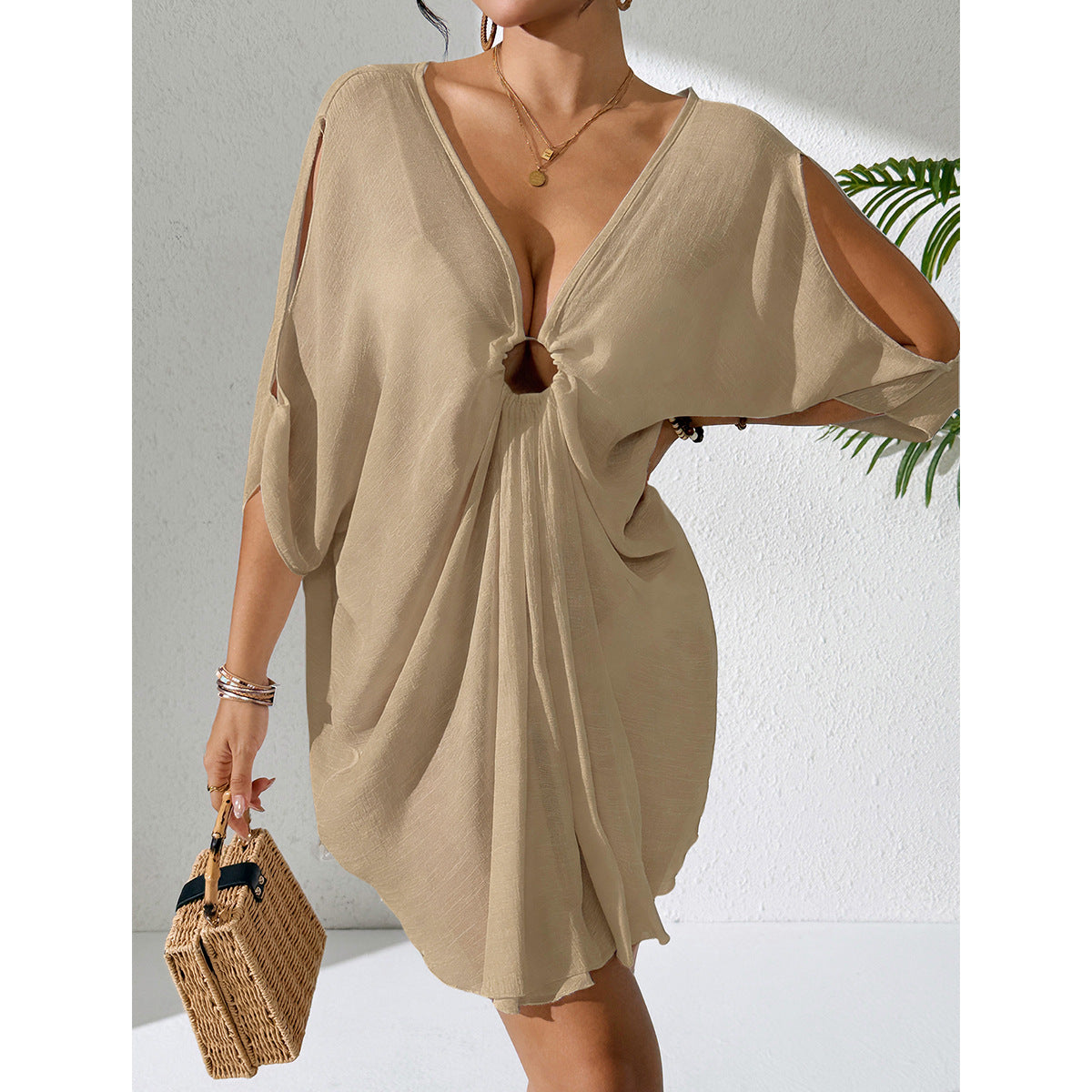 Damen Strandkleid mit tiefem V-Ausschnitt und lockerem Schnitt R&B