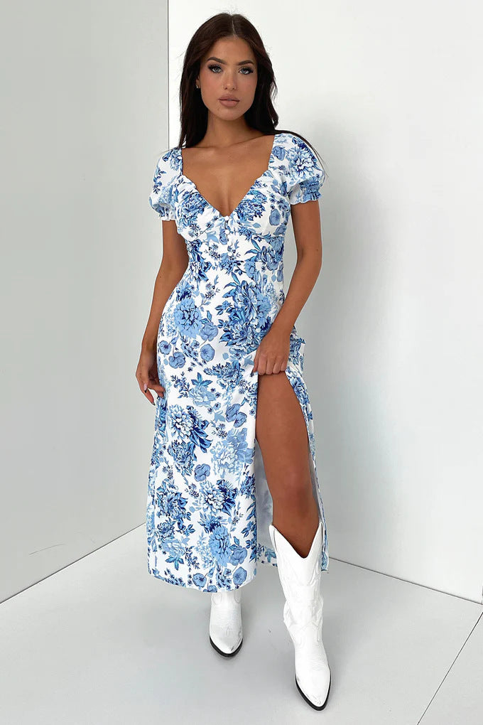 Damen Sommerliches Maxi-Kleid mit floralem Muster und elegantem Schlitz R&B