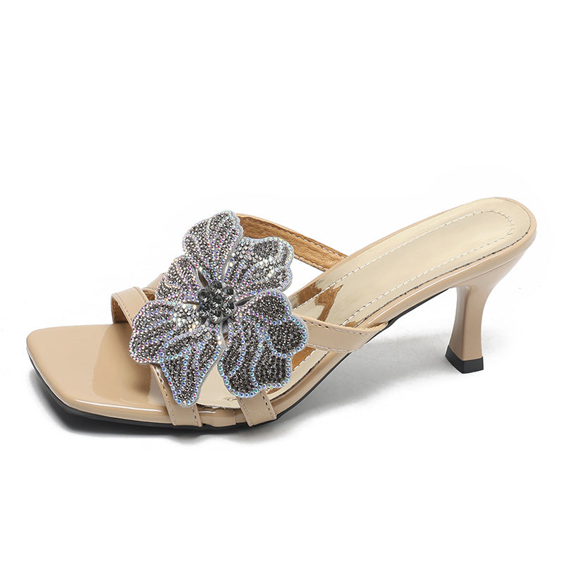 Damen elegante Sandalen mit funkelndem Blumen-Design und komfortablem Absatz R&B