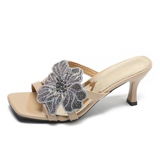 Damen elegante Sandalen mit funkelndem Blumen-Design und komfortablem Absatz R&B