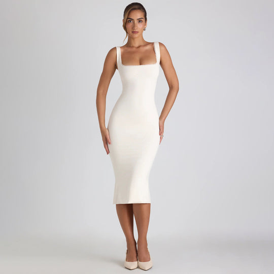 Damen figurbetontes Midikleid mit quadratischem Ausschnitt und Spitzenakzenten R&B