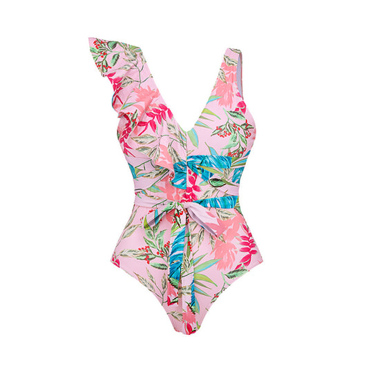 Damen Einteiler Badeanzug mit stilvollem Rüschendesign und floralem Muster R&B