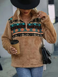 Damen Fleece-Pullover mit modischem Reißverschluss und buntem Muster R&B