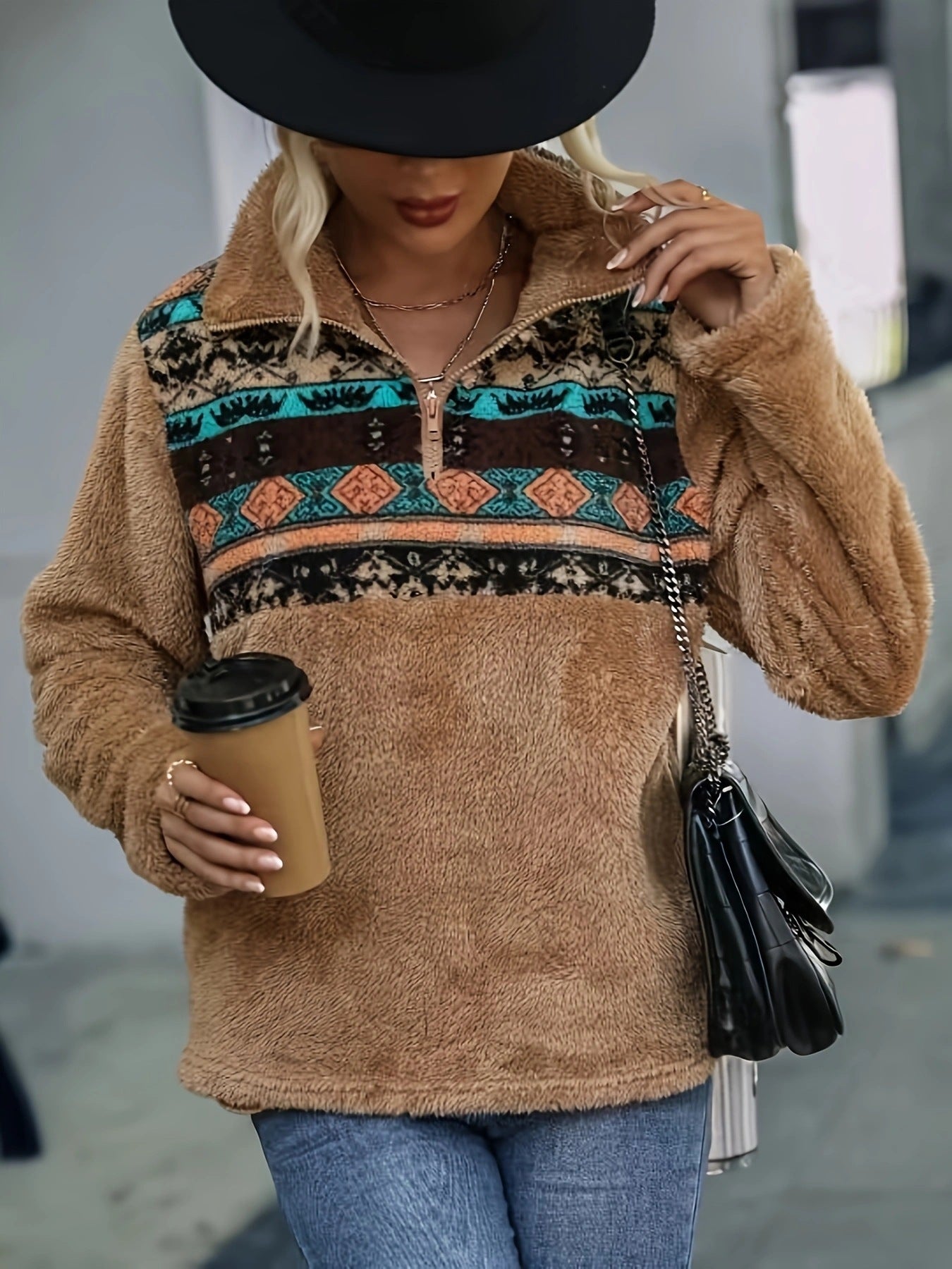 Damen Fleece-Pullover mit modischem Reißverschluss und buntem Muster R&B