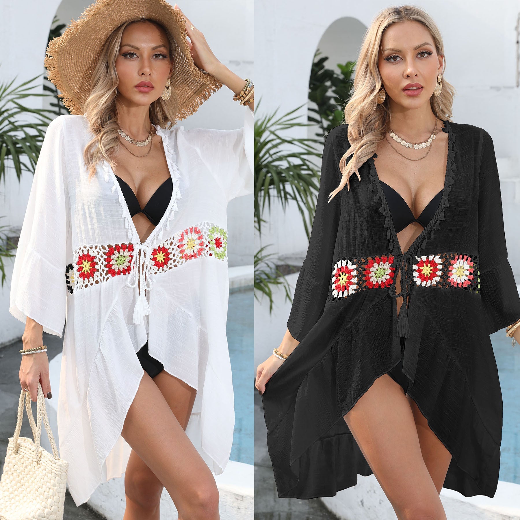 Damen eleganter Strandüberwurf mit floralem Häkelmuster R&B