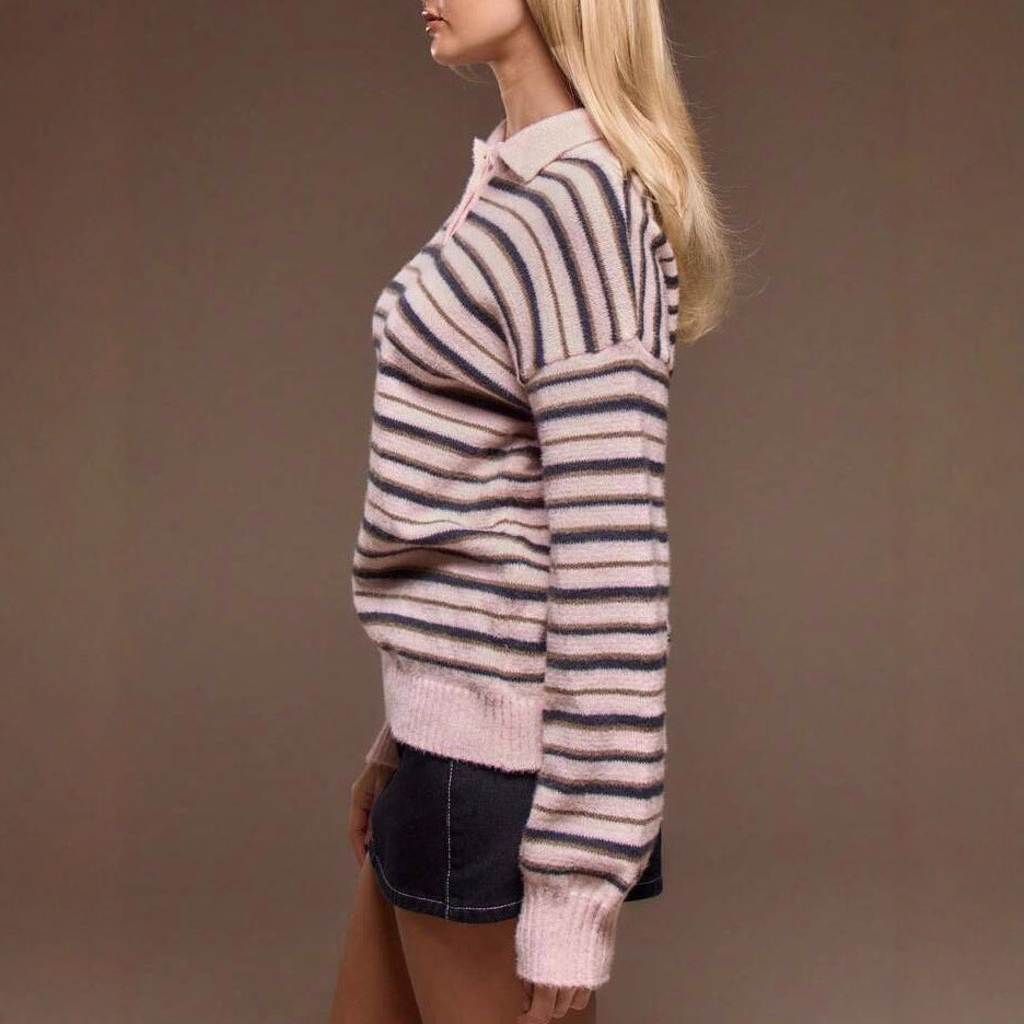 Damen gestreifter Pullover mit Polokragen R&B
