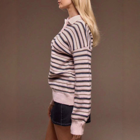 Damen gestreifter Pullover mit Polokragen R&B