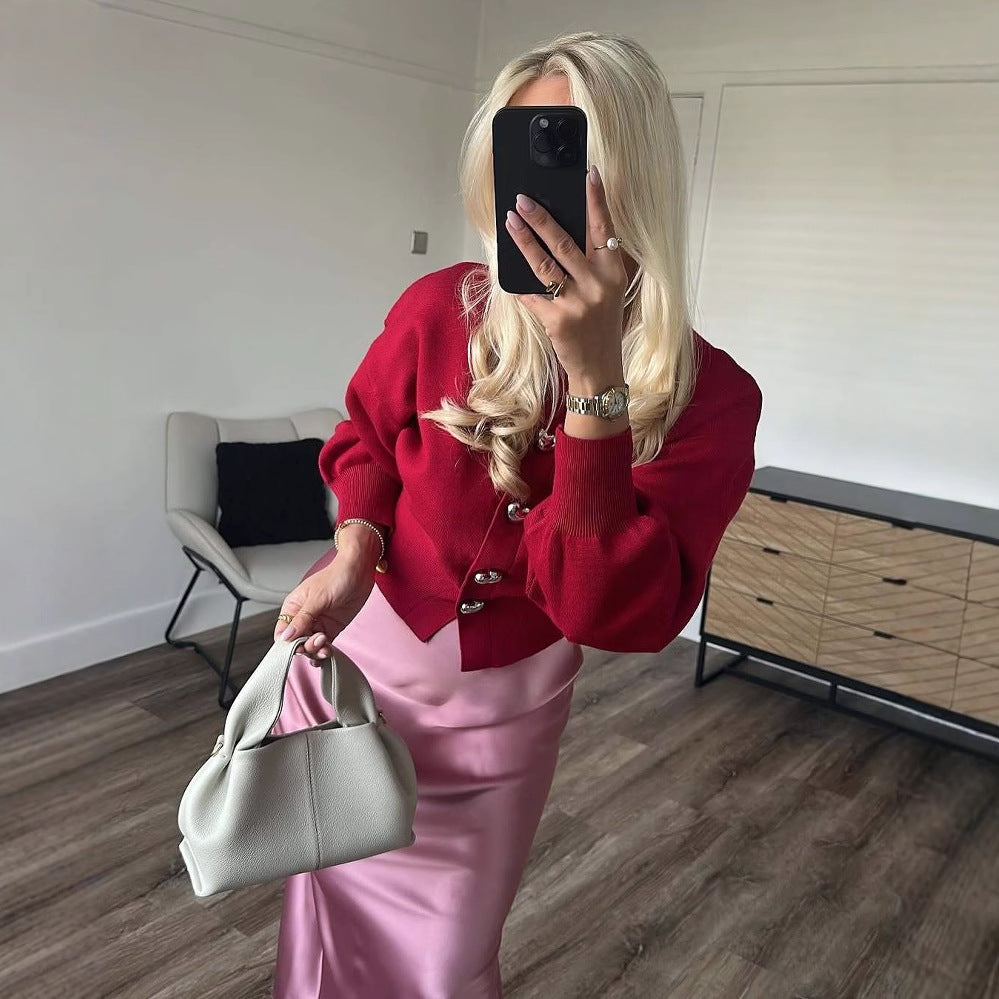 Damen Strickjacke mit eleganten Knöpfen und voluminösen Ärmeln R&B