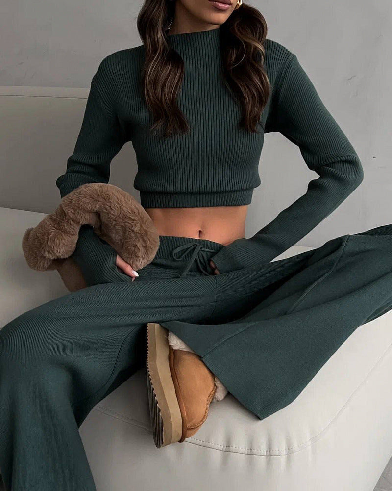 Damen elegantes und modisches Feinstrick-Set mit weitem Bein und elastischem Bund R&B