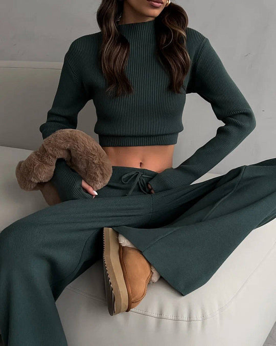Damen elegantes und modisches Feinstrick-Set mit weitem Bein und elastischem Bund R&B