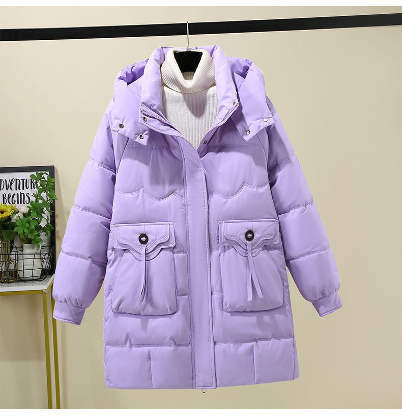 Damen Lange Pufferjacke mit praktischem Kapuzenkragen und großen Taschen R&B