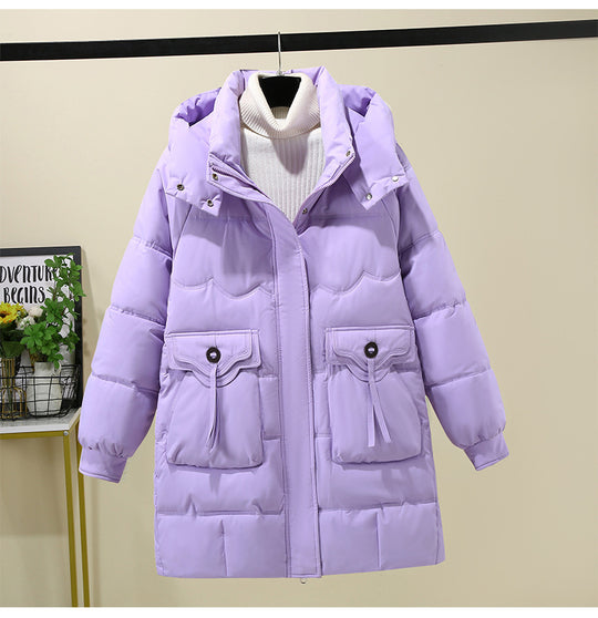 Damen Lange Pufferjacke mit praktischem Kapuzenkragen und großen Taschen R&B