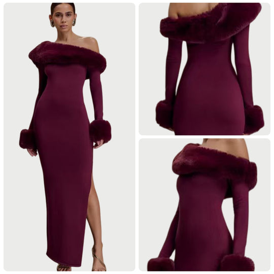 Damen Langarm-Maxikleid mit schulterfreier Optik und eleganten Fellakzenten R&B