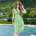 Damen Freizeit-Maxikleid mit V-Ausschnitt und elastischem Taillenband R&B
