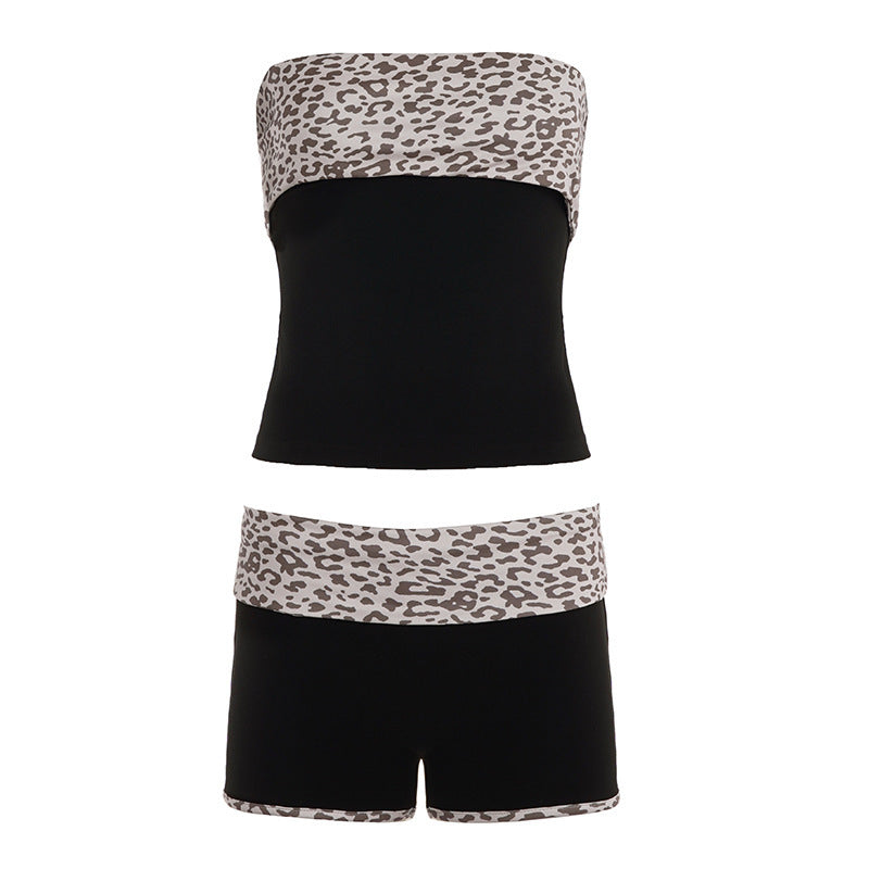 Damen Bandeau-Bikini-Set mit modischem Leopardenmuster und bequemen Shorts R&B