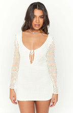 Damen gehäkeltes Strandkleid mit tiefem V-Ausschnitt und Rüschendetails R&B