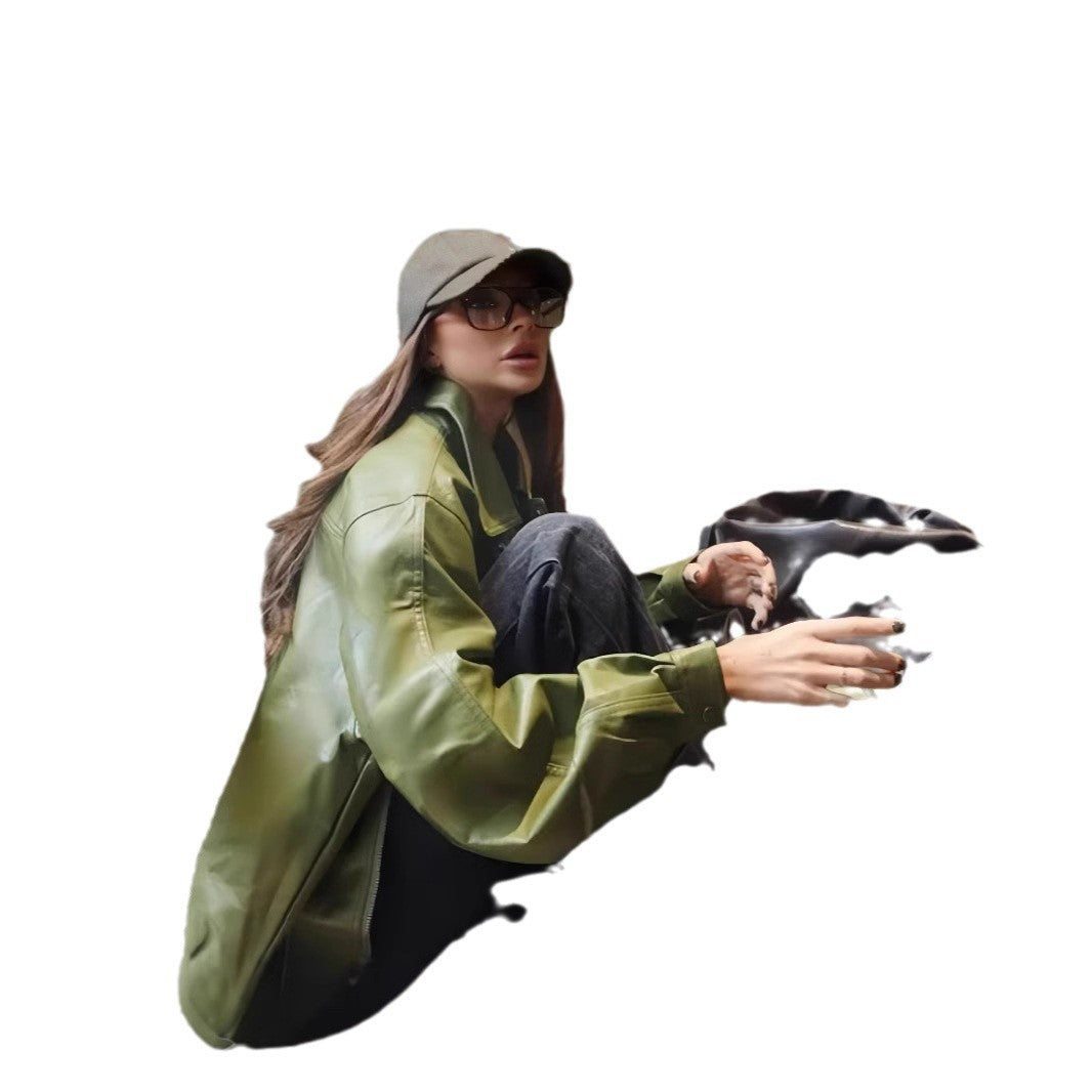 Damen lässige Kunstlederjacke mit voluminösen Ärmeln R&B