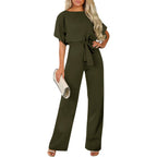 Damen langer Jumpsuit mit innovativem Bindegürtel und angeschnittenen Ärmeln R&B
