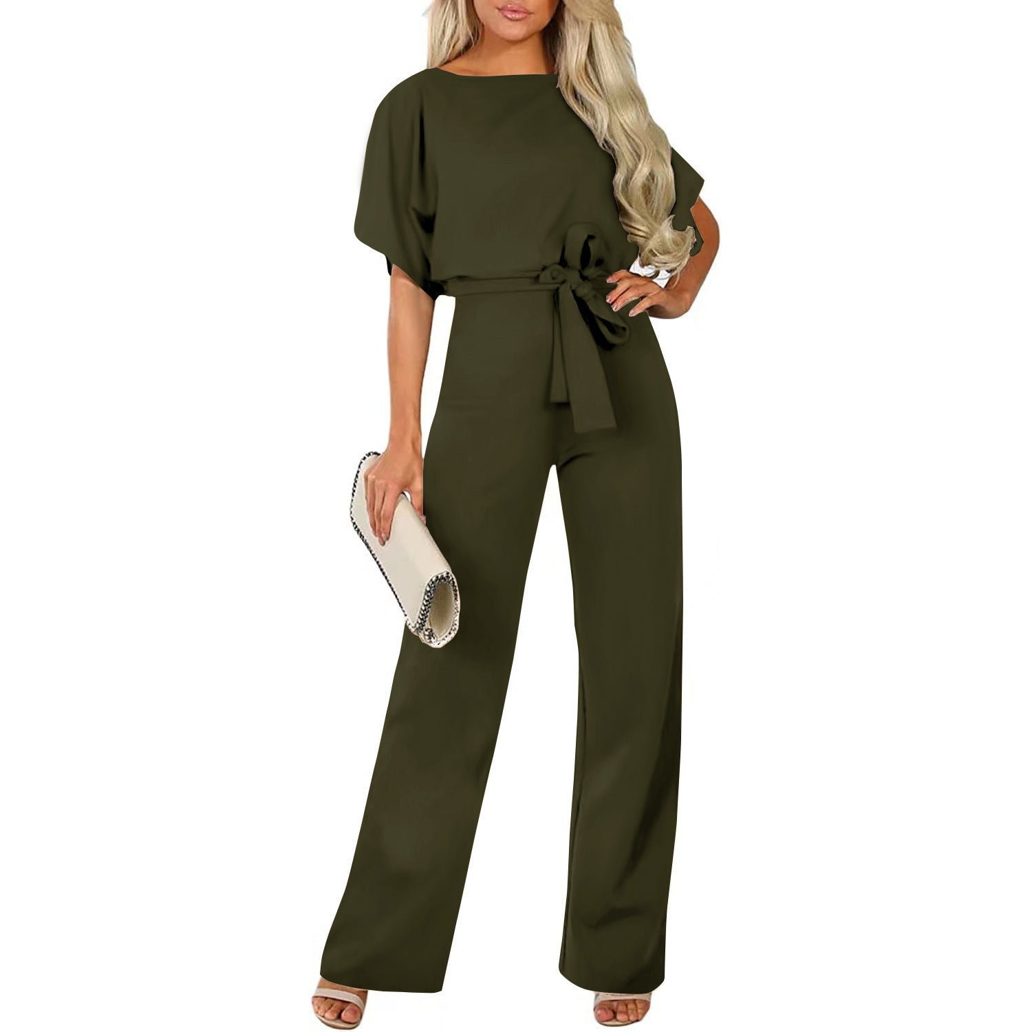 Damen langer Jumpsuit mit innovativem Bindegürtel und angeschnittenen Ärmeln R&B