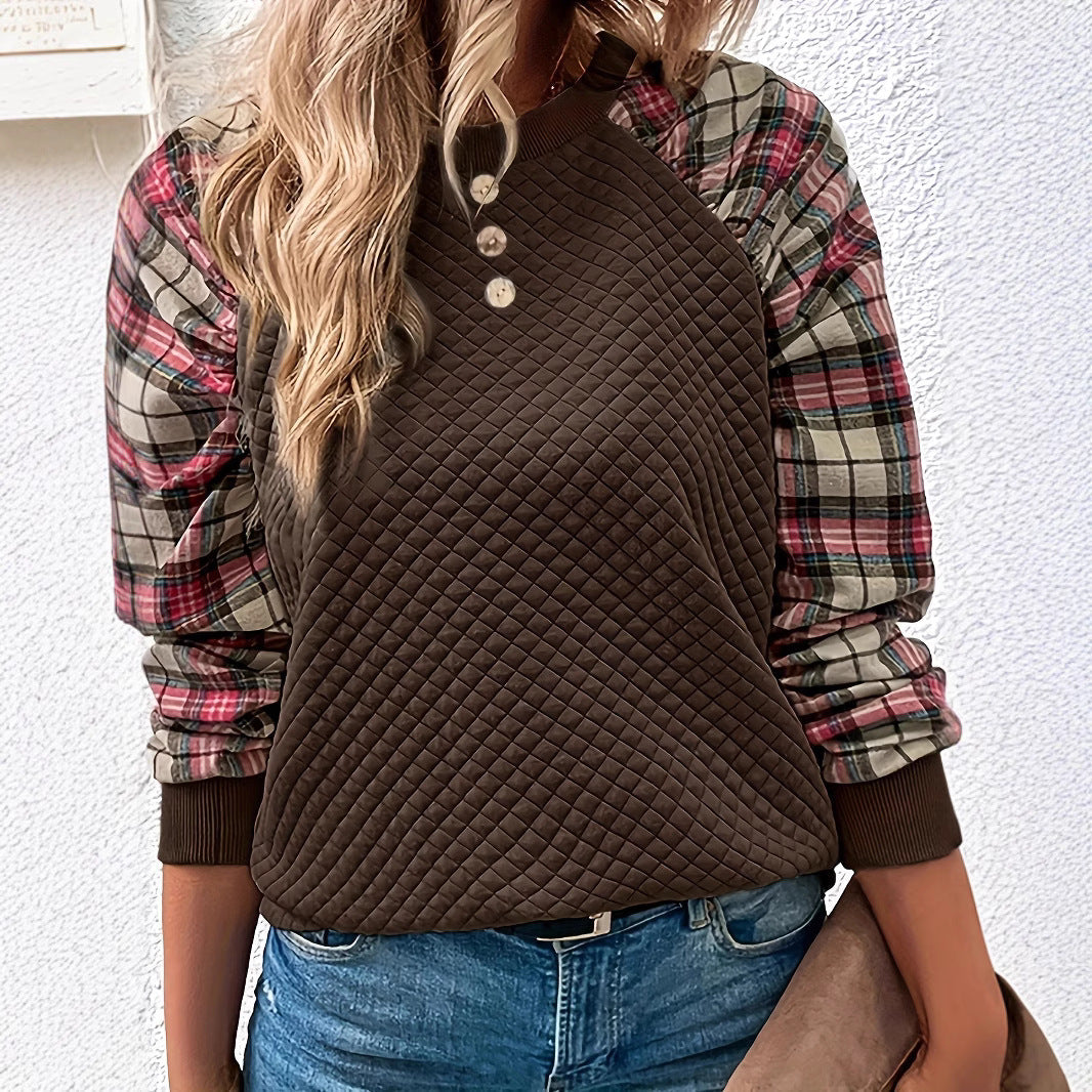 Damen Lässiger Sweatshirt mit gestepptem Design und karierten Ärmeln R&B