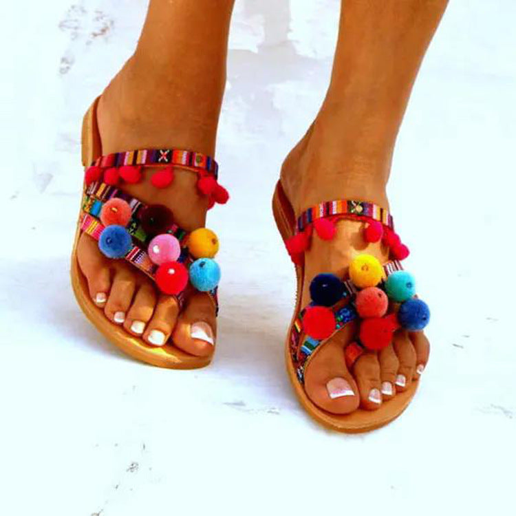 Damen Farbenfrohe Zehentrenner-Sandaletten mit Pompons und luftigen Riemen R&B